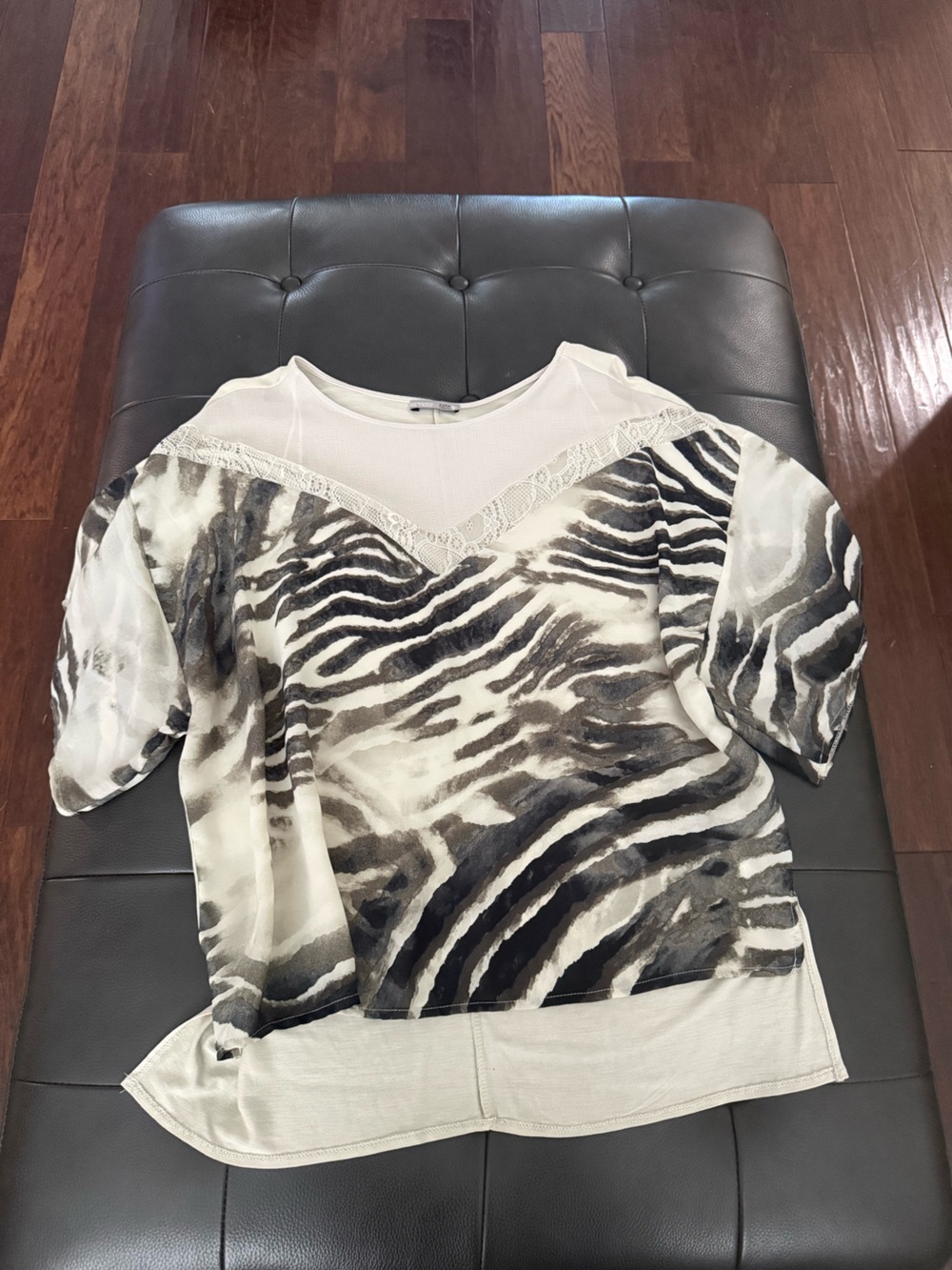 Zara Black and White Zebra Print Lace-Trim Blouse